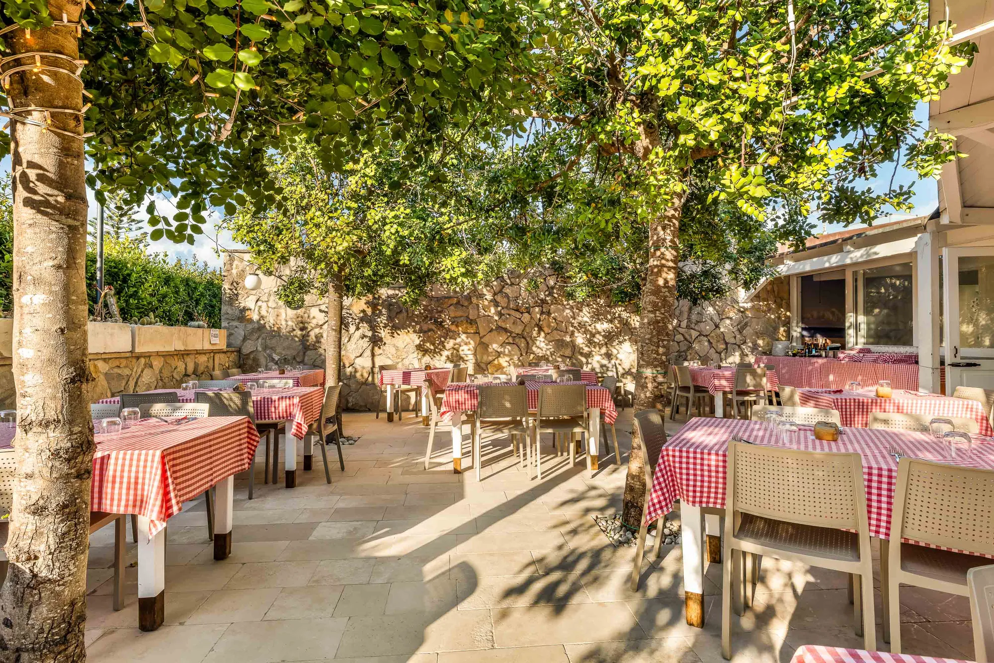 I tavoli all'aperto all'ombra degli alberi