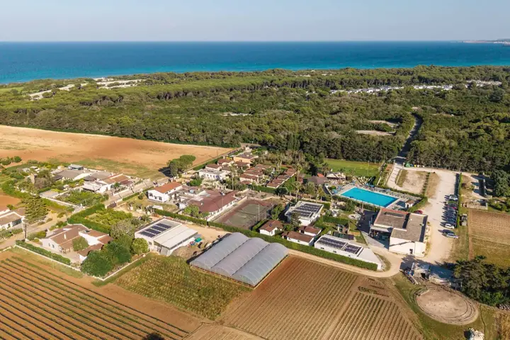 L'agriturismo visto dall'alto, tra campi e pineta, con il mare all'orizzonte